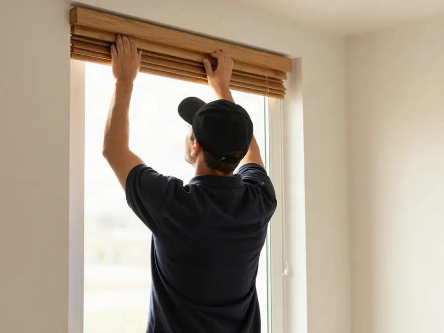 A fitter installing a wooden venetian blind headrail at a bright window