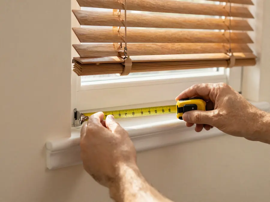 Hands measuring a window recess with a steel tape measure below a wooden blind