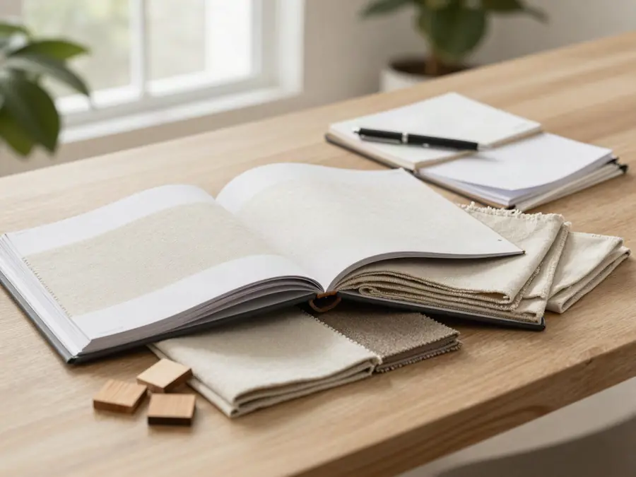 Open fabric swatch books and timber finish samples laid out on a table
