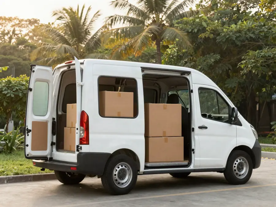 A white delivery van loaded with boxes, parked under tropical trees